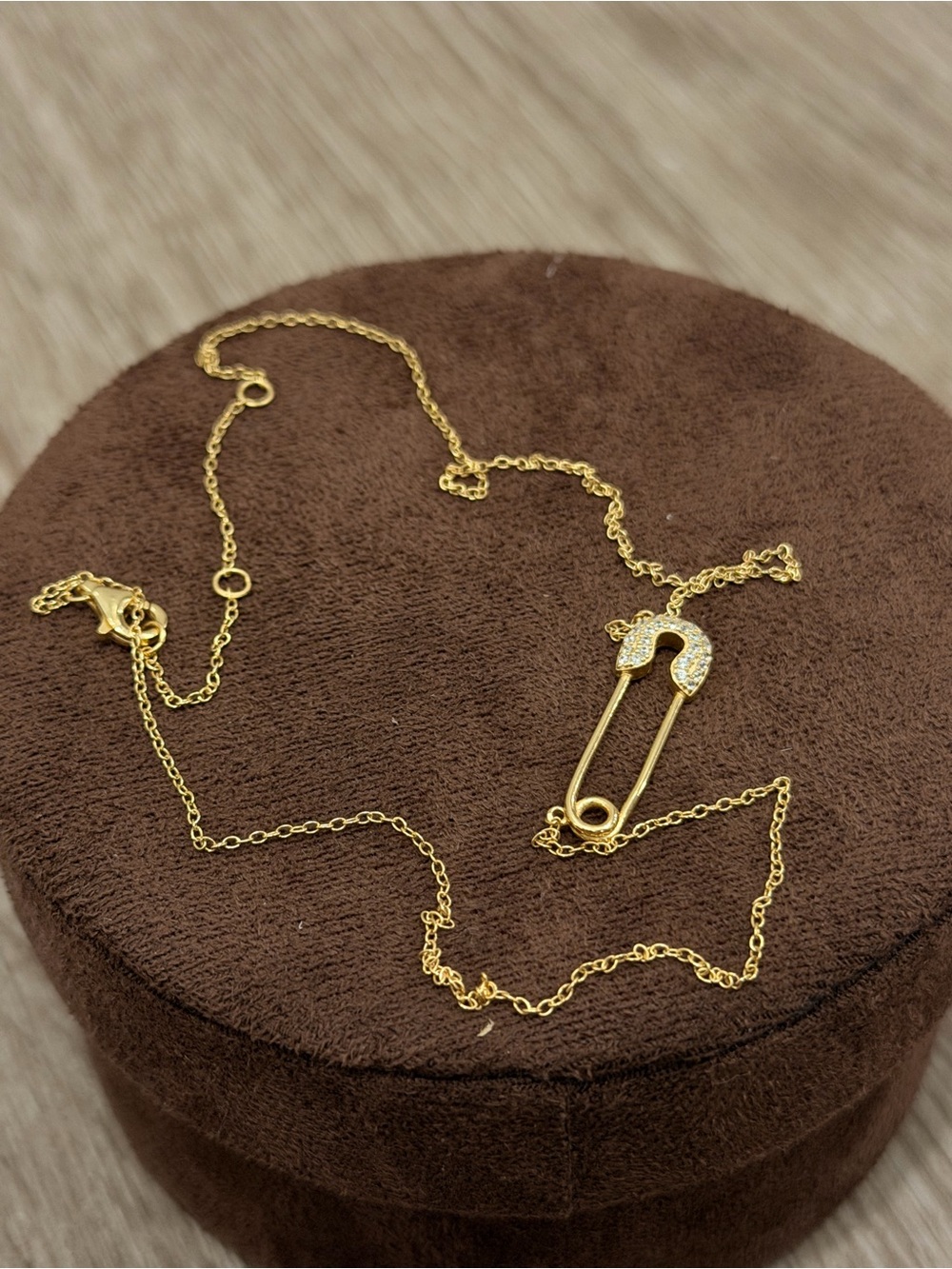 Gold Safety Pin Pendant Necklace with Sparkling Accent - Women Jewelry